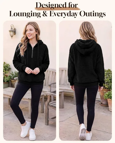 Vista 6 de Century Star Sudadera con capucha para mujer, de gran tamaño, mullida, deportiva, acogedora, con bolsillos, de vellón atlético Negro