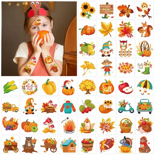 Vista 3 de HOWAF 96 tatuajes temporales de otoño, 48 estilos de cosecha de otoño, calcomanías de tatuajes temporales para niños, tatuajes falsos de Acción