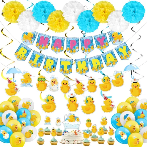Vista 8 de Outus 77 piezas de decoración de fiesta de patito rosa, lindo accesorio de fiesta de cumpleaños de pato, incluye una bonita pancarta colgante