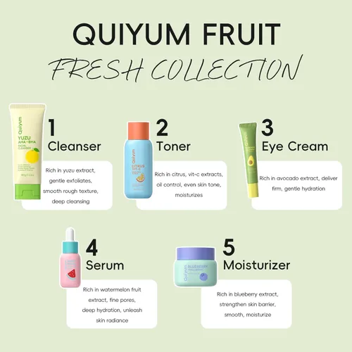 Vista 2 de QUIYUM Juego de Cuidado de la Piel de Frutas, 5 Productos de Rutina Diaria de Belleza y Cuidado de la Piel para Adolescentes - Juegos de Regalo
