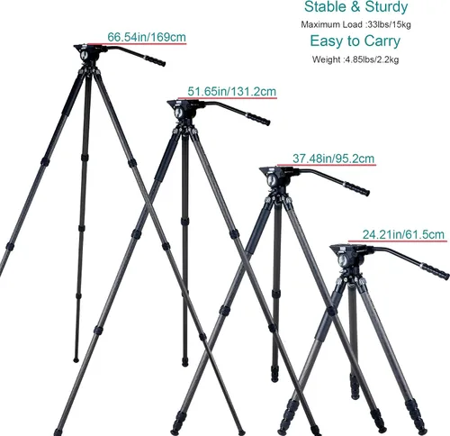 Vista 3 de Trípode de fibra de carbono con cabezal fluido, trípode de cámara de video resistente para carga de cámara DSLR de hasta 33 libras, adecuado