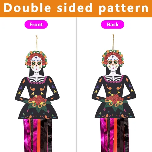 Vista 3 de codree 4 decoraciones colgantes de calavera de azúcar del día de los muertos, 27.5 x 5 pulgadas de diámetro de los muertos, decoraciones colgantes