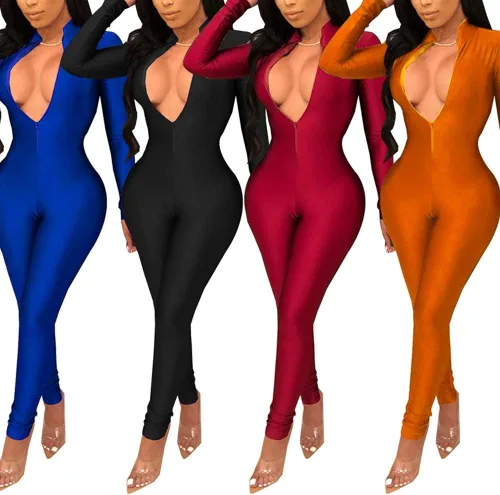 Vista 6 de ECHOINE - Atuendo de una pieza para mujer con manga larga, cremallera, sexy, cuello profundo en v, pantalón largo, para fiestas y clubes, overol