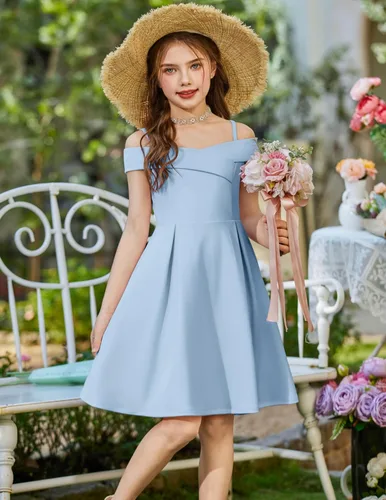 Vista 3 de Arshiner Vestido de verano para niñas con hombros descubiertos, plisado, formal, elegante Azul