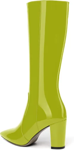 Vista 105 de AMBELIGHT Botas altas hasta la rodilla con cremallera y puntera puntiaguda para mujer, de patente sólida, tacón alto, 3.3 pulgadas