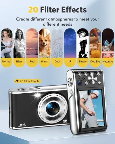 Vista 7 de Cámara digital FHD 4K para vlogging con enfoque automático, lente dual de 48MP, zoom digital 16X, pantalla IPS de 2.8" compacta, cámara de video