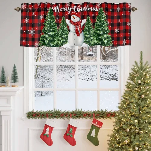 Vista 63 de Cenefa de cortina con lazo rojo de Navidad para ventanas, sala de estar, cocina, baño, granja, bolas de Navidad de acuarela con diseño de bayas