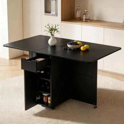 Vista 2 de Mesa de comedor plegable con cajón y estantes de almacenamiento, mesa de comedor plegable de 53" que ahorra espacio con 6 ruedas, mesa de hoja