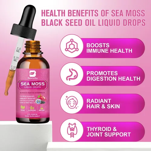 Vista 3 de Gotas Líquidas de Musgo Marino - Musgo Marino Irlandés Orgánico con Aceite de Semilla Negra, Raíz de Bardana, Fucus, Baya del Saúco, Vitamina C, D3