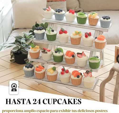 Vista 2 de SwallowLiving 2 soportes rústicos de madera para cupcakes para 24 cupcakes, soporte de exhibición de madera escalonada para bodas, mesa de fiesta