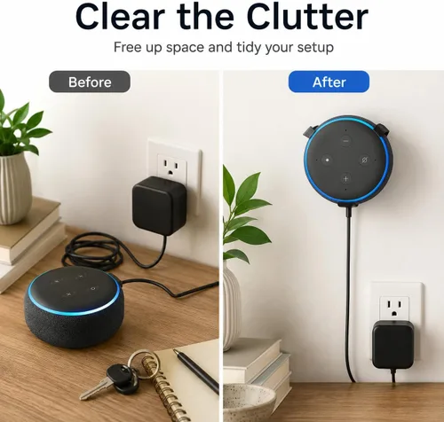 Vista 4 de Soporte de pared para Amazon Echo Dot – Percha de enchufe que ahorra espacio No requiere taladrar Gestión de cables integrada Soporte