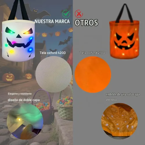 Vista 4 de Bolsas de Halloween para dulce o truco, cubo de caramelos, cesta de fantasmas iluminada, decoración multiusos reutilizable para dulces cubos