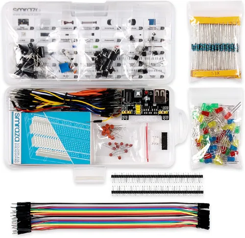 Vista 2 de Kit básico de inicio Smraza con tablero de pruebas, fuente de alimentación, cables de puente, resistencias, LED, compatible con Arduino R3