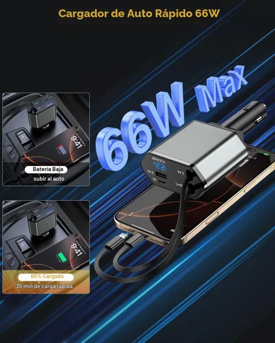 Vista 2 de Cargador de Coche Retráctil, Adaptador de Cargador de Coche iPhone 16 15 de 66W 4 en 1 con 2 Cables de Cargador iPhone Retráctiles