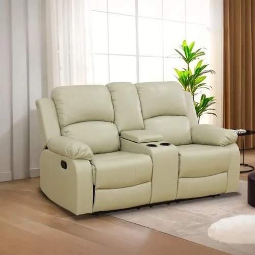 Vista 54 de Juego de Muebles para Sala de Estar, Juego de Sofá Reclinable Manual, Juegos de Sofás Reclinables de Cuero Beige con Mesa Desplegable, Sofá