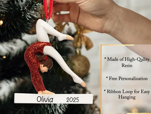 Vista 3 de Adorno de Navidad personalizado de gimnasia 2026 Adorno de gimnasia en barra de equilibrio, decoración de mujer para árbol de Navidad, regalo