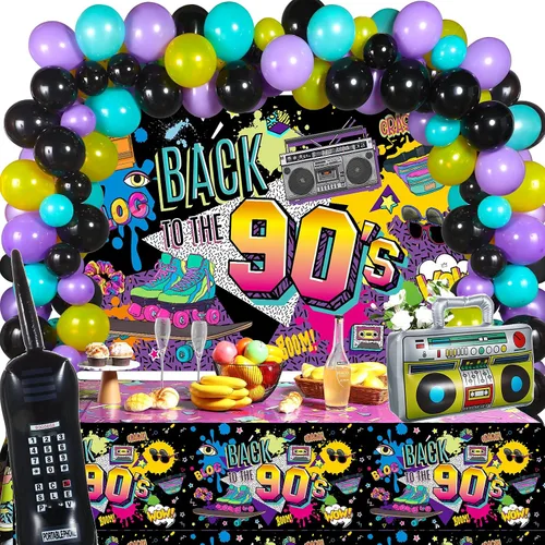 Vista 8 de Irenare 100 piezas de decoraciones de fiesta de los años 80, suministros de cumpleaños de los 80, incluye mantel de fondo inflable de los años 80