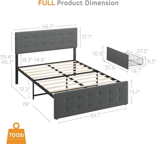 Vista 2 de GAOMON Base de cama de tamaño matrimonial con 4 cajones de almacenamiento y cabecero, base de colchón tapizada con plataforma completa, base