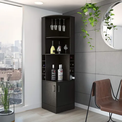 Vista 2 de FM FURNITURE The Seattle - Armario esquinero para bar con 3 estantes abiertos, estante de cristal, 8 cubos de botellas y puertas dobles, color negro