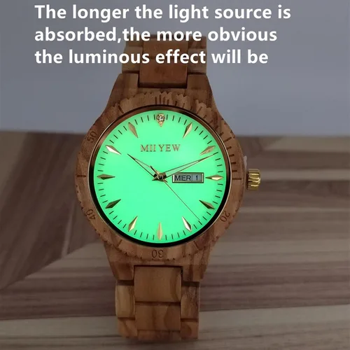 Vista 2 de MII YEW Reloj de madera para hombre, ligero, analógico, de cuarzo, hecho a mano, esfera verde con fecha