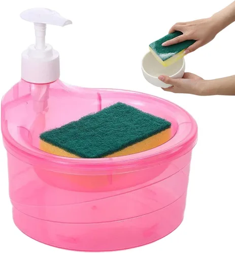 Vista 9 de Dispensador de jabón para lavavajillas, dispensador de jabón para lavar platos 2 en 1, dispensador de jabón de cocina con esponja, dispensador