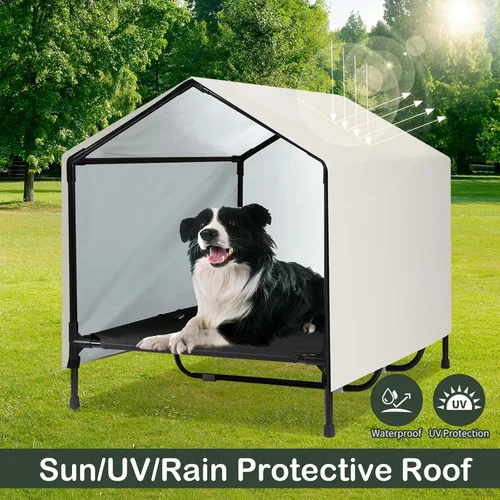 Vista 2 de Casa para perros para interiores y exteriores, para perros grandes, XL, XXL, jumbo, cama elevada para perros con toldo, impermeable y resistente al