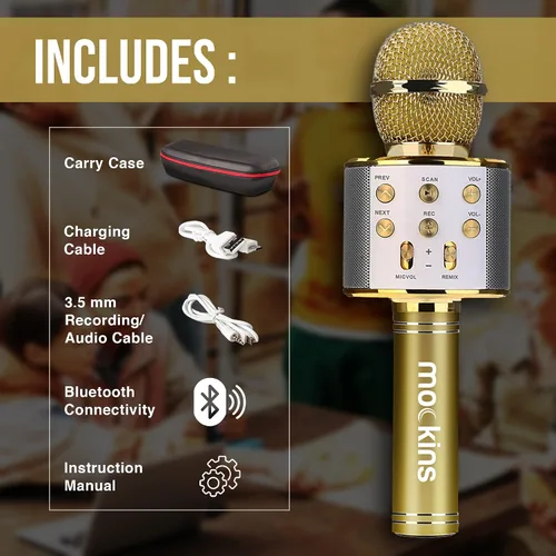 Vista 2 de Mockins Micrófono de karaoke Bluetooth dorado para niños con micrófono Bluetooth integrado, altavoz inalámbrico para karaoke compatible con iPhone