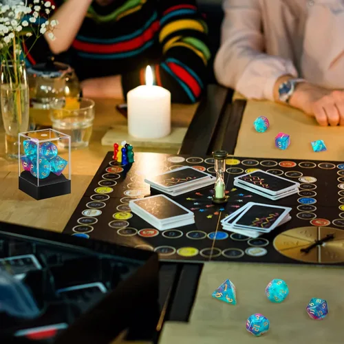 Vista 7 de Juego de dados D20 de resina translúcida de colores poliédricos con caja de dados y bolsa de organza gigante D4 D6 D8 D10 D12 D20 juego de dados
