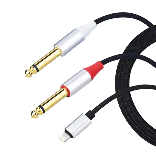 Vista 2 de Lightning a Dual 0.250 in mono estéreo Y-cable divisor Lightning a doble 1/4 pulgadas cable de audio compatible con iPhone