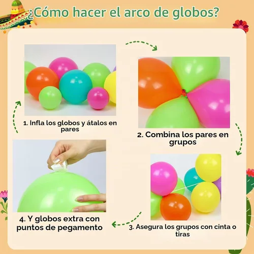 Vista 3 de Kit de guirnalda de globos de fiesta mexicana de 176 piezas con globos de aluminio amarillo, rosa intenso, verde lima, verde, naranja, morado, verde