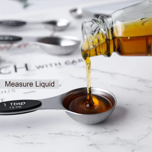 Vista 3 de Juego de cucharas medidoras magnéticas de acero inoxidable de doble cara apilables, cucharadita y cucharada para medir ingredientes secos y líquidos
