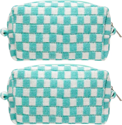 Vista 42 de PAZIMIIK Bolsa de Maquillaje a Cuadros para Bolso Portátil con Cremallera, Estuche Pequeño de Cosméticos para Accesorios de Viaje, Azul Ártico