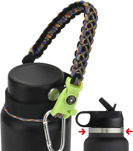 Vista 8 de Asa de cuerda de paracaídas para botellas Hydroflask 2.0 de boca ancha y estándar, con nuevo soporte de anillo de seguridad, 12oz - 64oz Negro