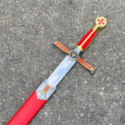 Vista 3 de Medieval Templar Knight Sword – 33-33.3 Inch Black & Red & Gold Crusader Replica for Cosplay, Collection & Display