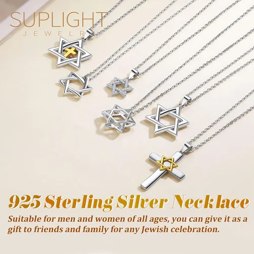 Vista 6 de Suplight Collar de plata de ley 925 con estrella judía de David, acero inoxidable, chapado en oro, mano islámica de corazón de Fátima, collares