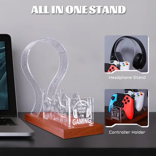 Vista 6 de YuanDian Gamer Gifts for Teenage Boy, Can't Hear You I'm Gaming Headset and Controller Stand, Acrylic Wooden Controller Holder with Blue Pink LED