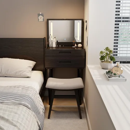 Vista 3 de Taburete de tocador pequeño de madera maciza, silla de maquillaje compacta con cojín de sillín, asiento de esponja de alto rebote cubierto de lino
