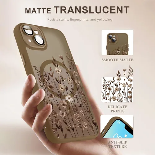 Vista 4 de Funda magnética para iPhone 13 con protector de pantalla [compatible con MagSafe], diseño de patrón floral de flores, a prueba de golpes, para Marrón