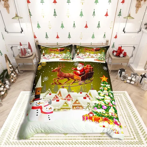 Vista 19 de Juego de funda de edredón con diseño de ciervo de cabaña, tamaño twin, juego de ropa de cama rústica de tablón de madera de árbol de Navidad
