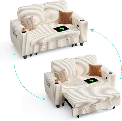 Vista 7 de LINSY HOME Sofá cama seccional, sofá cama extraíble de pana para sala de estar (beige, sofá pequeño) Puertos USB, portavasos, bolsillo lateral