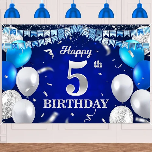 Vista 47 de Bandera de feliz primer cumpleaños con fondo azul marino, globos, confeti, bandera de rayas, luces de puntos, felicitaciones por el tema de 1 año