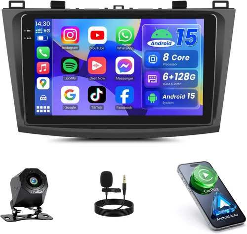 Vista 10 de Radio estéreo de coche para Mazda 3 2009 2010 2011 2012 2013, Android 15 2G+64G Carplay inalámbrico Android Auto, 9 pulgadas pantalla táctil coche