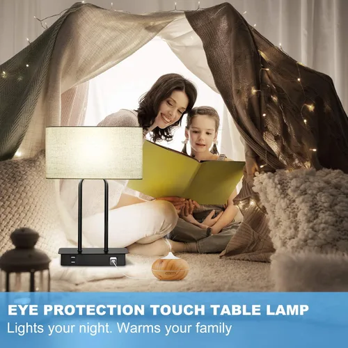 Vista 9 de Lámpara de mesa con control táctil y puertos de carga USB duales, 1 salida de CA, lámpara de mesita de noche moderna regulable de 3 vías con Crema