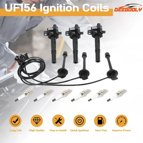Vista 2 de Paquete de 3 bobinas de encendido UF156 y 6 bujías de iridio y 3 cables de bujía compatibles con Toyota 4Runner T100 Tacoma Tundra 1995-2004 3.4L