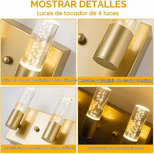Vista 7 de Lámpara de tocador de baño con 4 luces sobre espejo, acabado dorado