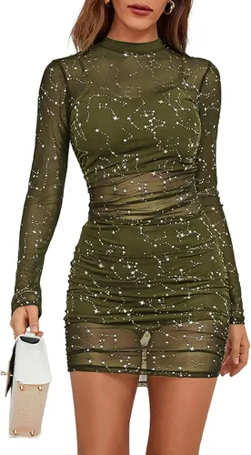 Vista 4 de LYANER Vestido de malla para mujer, de manga larga, ajustado, de 3 piezas, con pantalones cortos