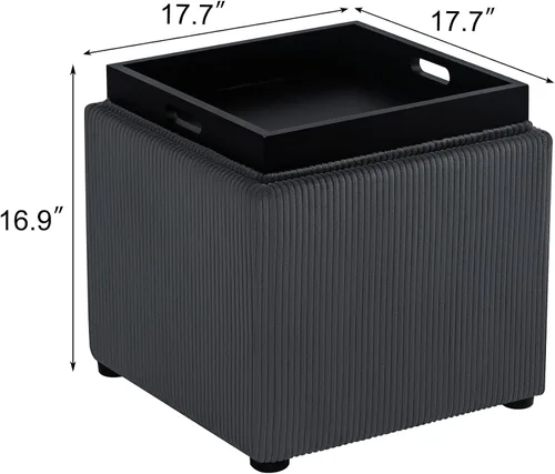 Vista 2 de Otomana Cuadrada con Almacenamiento con Bandeja, Pequeño Taburete de Reposapiés de Corderito, Mesa de Centro para Dormitorio y Sala de Estar, Gris
