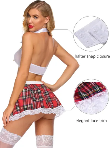 Vista 2 de Avidlove - Conjunto de lencería sexy para mujer, disfraz de colegiala con top, corbata y minifalda