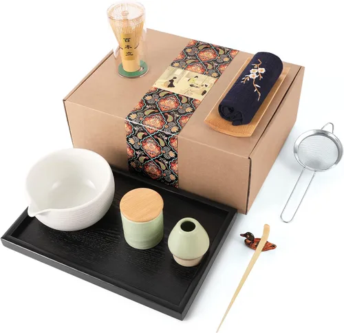 Vista 9 de Artcome Juego de té matcha japonés, cuenco de matcha con boquilla para verter, bandeja de té, batidor de bambú, soporte para batidor de cerámica