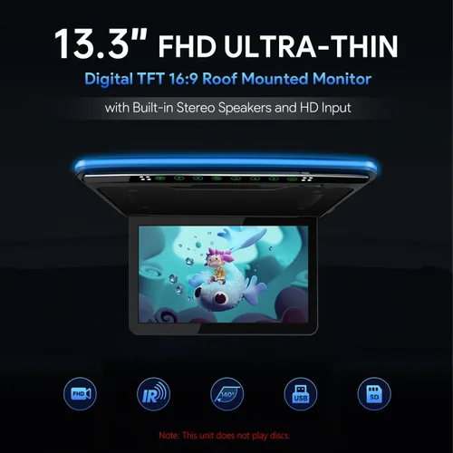 Vista 2 de XTRONS Reproductor de techo de coche de 13.3 pulgadas ultrafino 1920 * 1080 FHD pantalla montado en el techo del coche soporte HDMI, USB